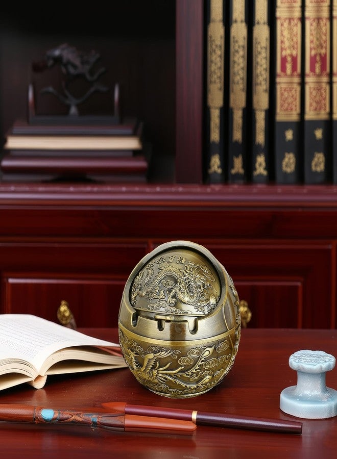 Chiorgone Vintage Chinese Dragon & Phoenix Metal Ashtray with Windproof Lid - Embossed Bronze Finish, Feng Shui Decorative Tabletop Ash Holder for Home Office Patio. - Image 5
